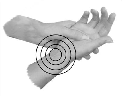 A person holding their hand but the target is placed over their wrist